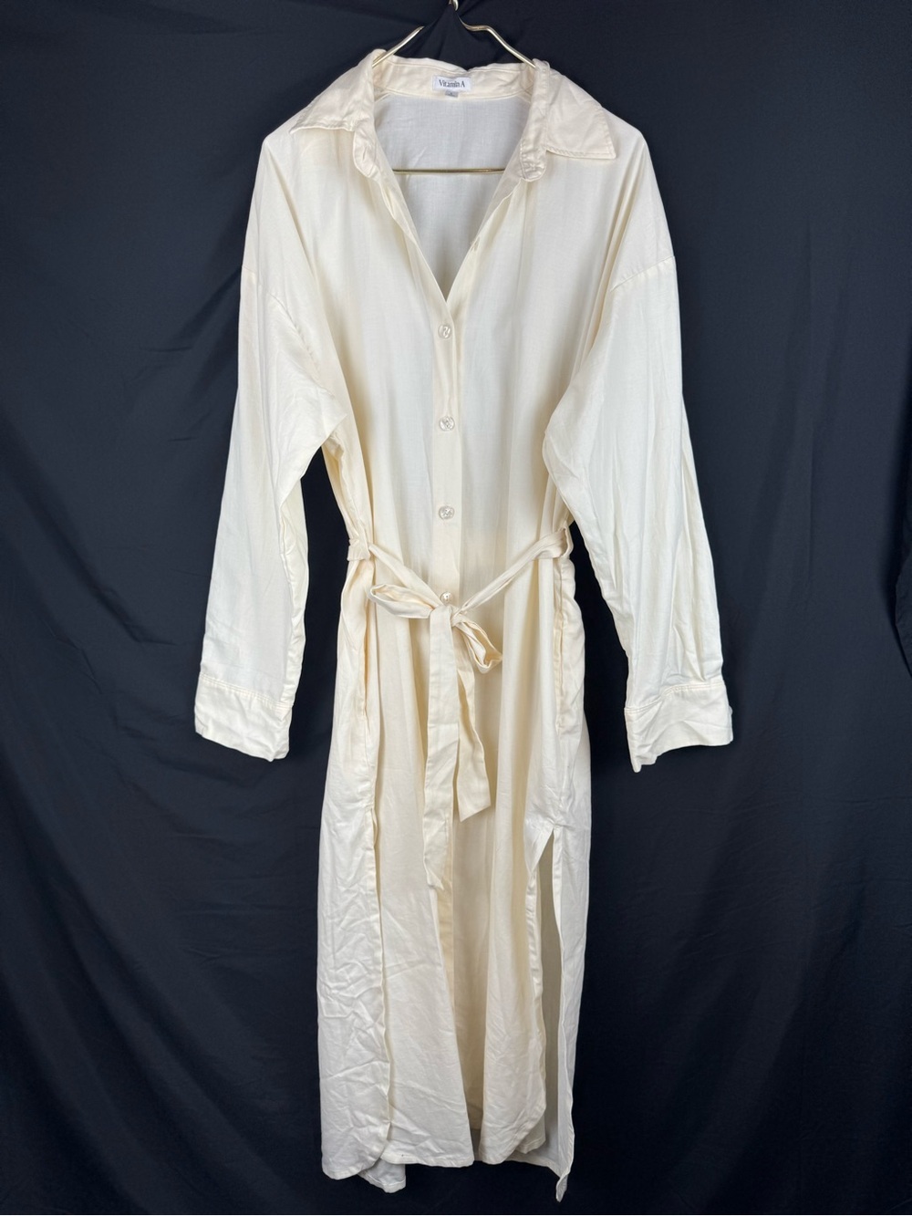 Vitamin A Playa Shirt Dress L Cream White Cotton Maxi Beach Cover Up Tie Waist